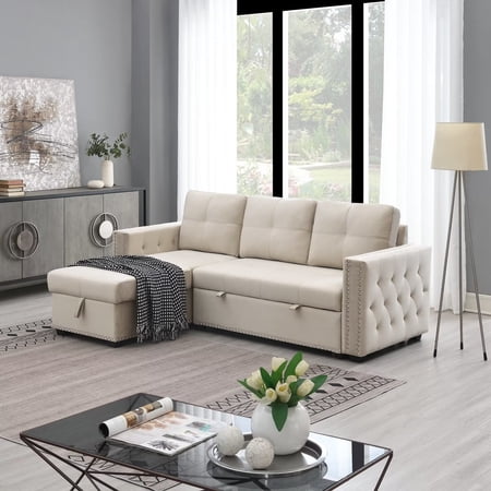 Morden Fort Sectional Sleeper Sofa Bed with L Shape Storage, Beige Velvet