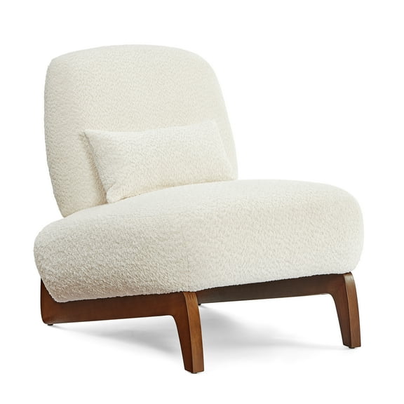 Morden Fort Sherpa Boucle Armless Chair with Thick Cushion, Tilted Wood Leg Upholstered Chair, Reading, Living Room, Bedroom, White