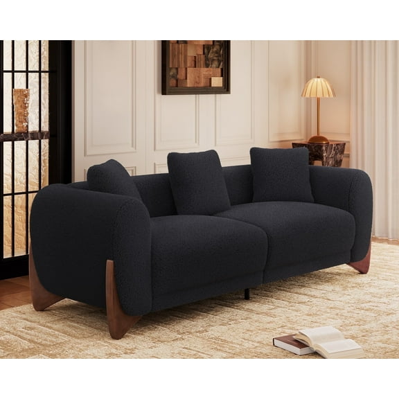 Morden Fort Sherpa Boucle Cloud 3-Seater Sofa, Upholstered Modern Comfy Couch with Crescent Wood Legs and 3 Matching Pillows, Black
