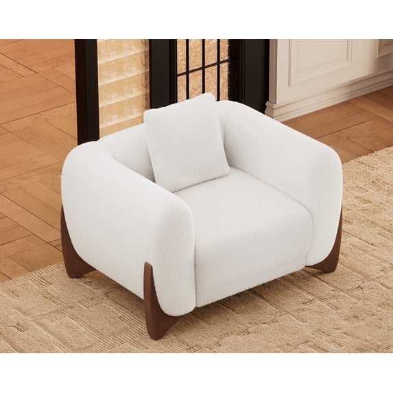 Morden Fort Sherpa Boucle White Single Sofa , 44.25"W Cloud Upholstered Armchair Couch with Wood Leg, White