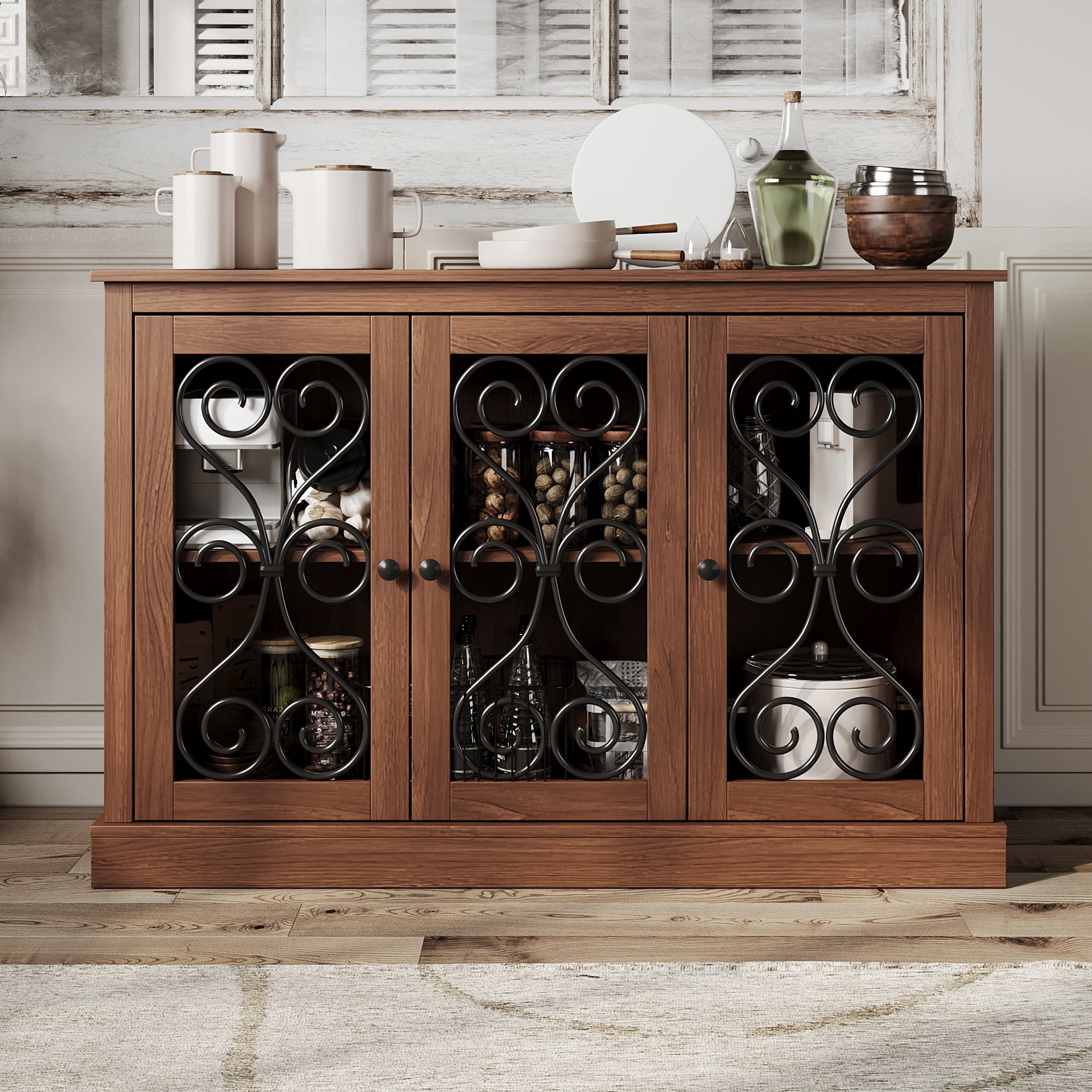 Morden Fort Sideboard Buffet Cabinet with Storage, 47" Wood Coffee Bar with 3 metal-decor. Doors, Mid Century Modern for Living Room, Kitchen and Entryway