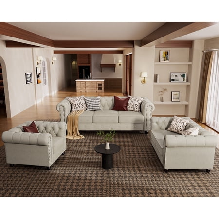 Morden Fort Sofa Set for Living Room Furniture 3 Pieces Button Tufted Couch Loveseat and Chair Beige