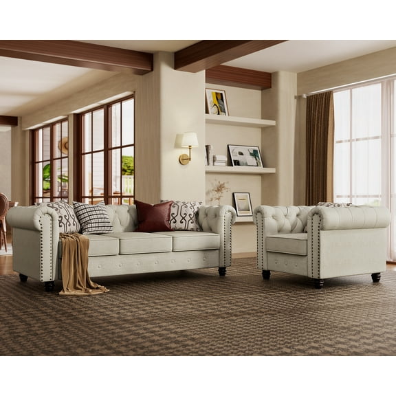 Morden Fort Sofa Set for Living Room Furniture Chair and Couch 2 Pieces Fabric Beige