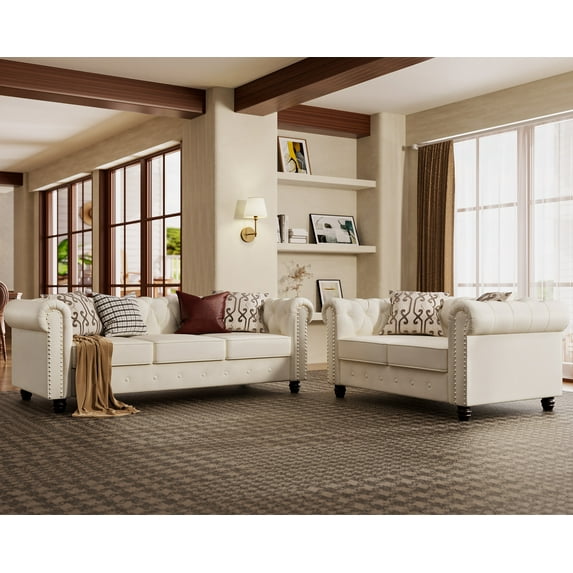 Morden Fort Sofas for Living Room Furniture Sets, Loveseat and Sofa 2 Pieces, Fabric, Velvet Beige
