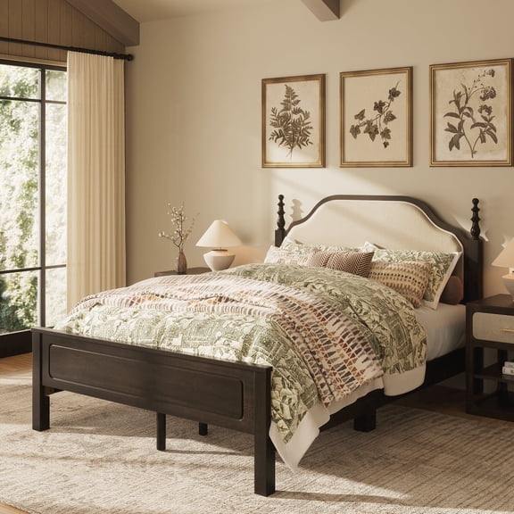 Morden Fort Spindle Queen Bed Frame with Upholstered Headboard, Solid Wood Platform Bed Frame for Bedroom, Espresso