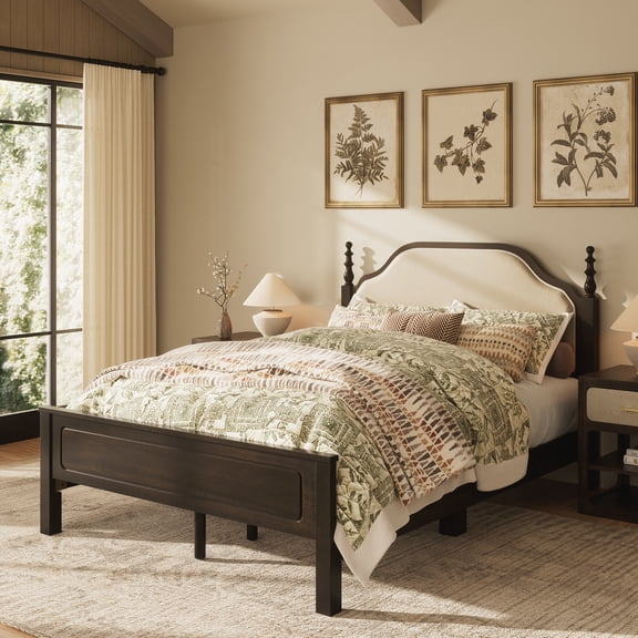 Morden Fort Spindle Queen Bed Frame with Upholstered Headboard, Solid Wood Platform Bed Frame for Bedroom, Espresso