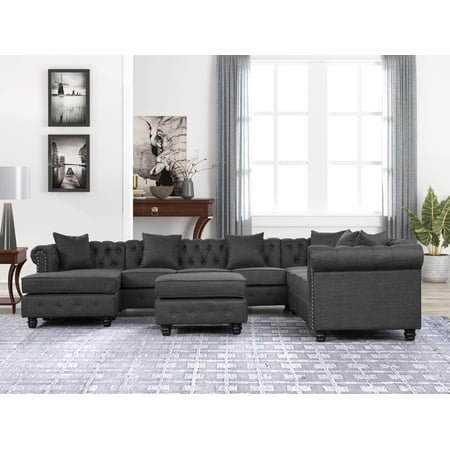 Morden Fort U Shape Modular Oversized Sectional Sofa Bed with Chaise Lounge and Ottman for Living Room Imitation Linen Grey