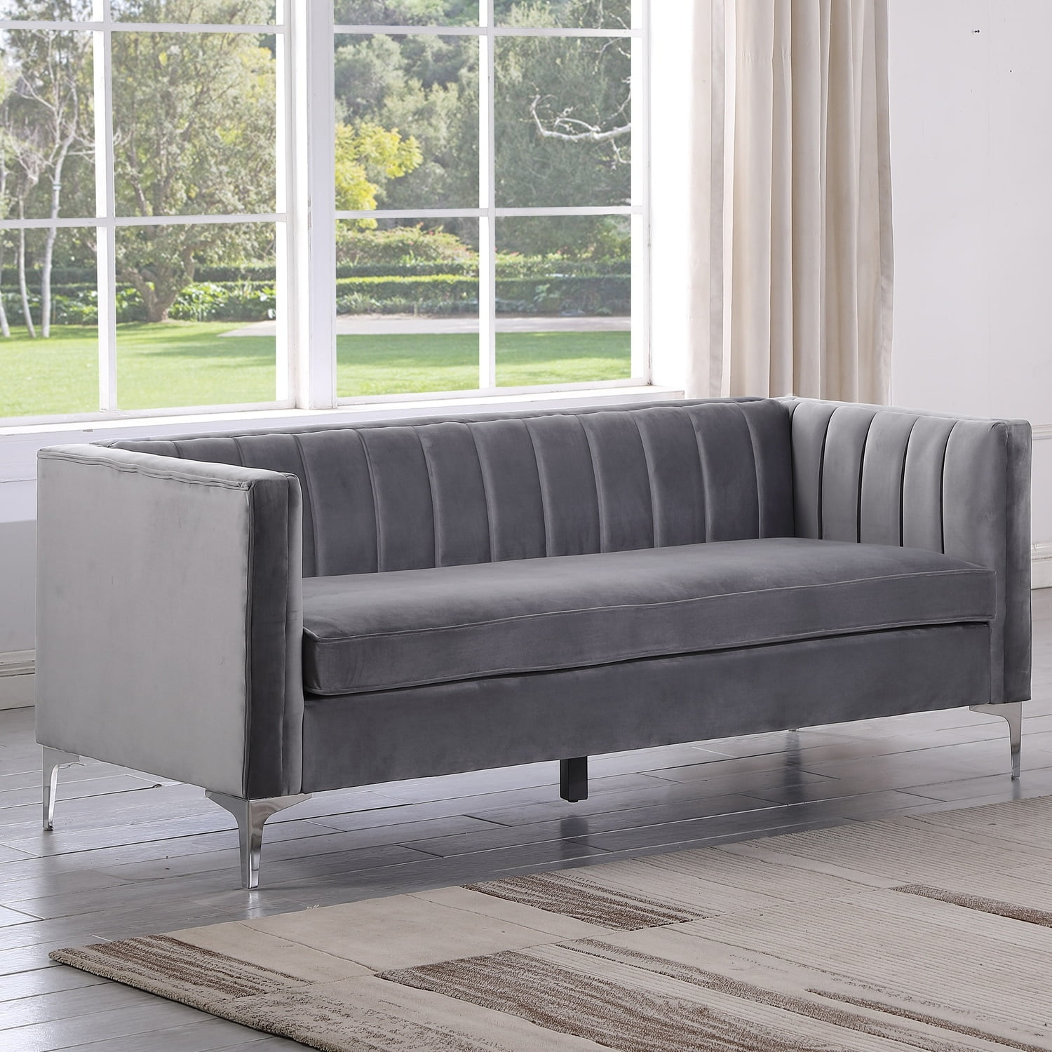 Gray Velvet Upholstered Mid-Century Modern Sofa with Metal Legs