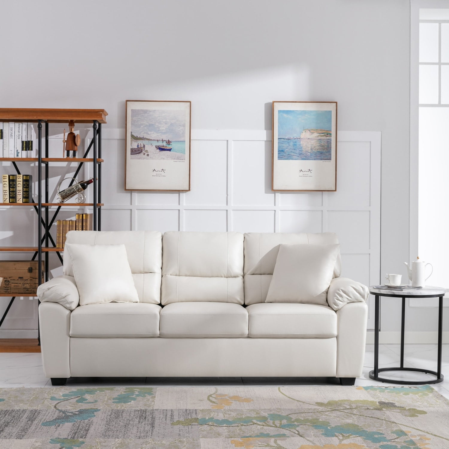 White Faux Leather Loveseat and Sofa Set with Cushions