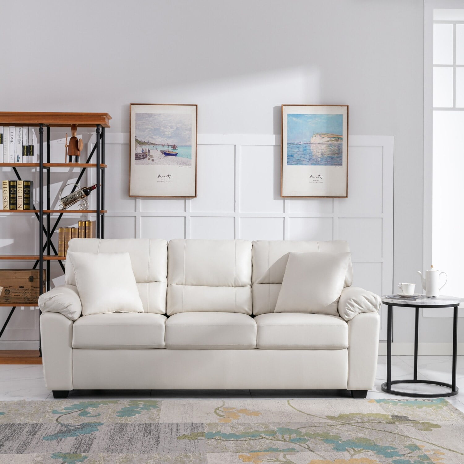 White Faux Leather Loveseat and Sofa Set with Cushions