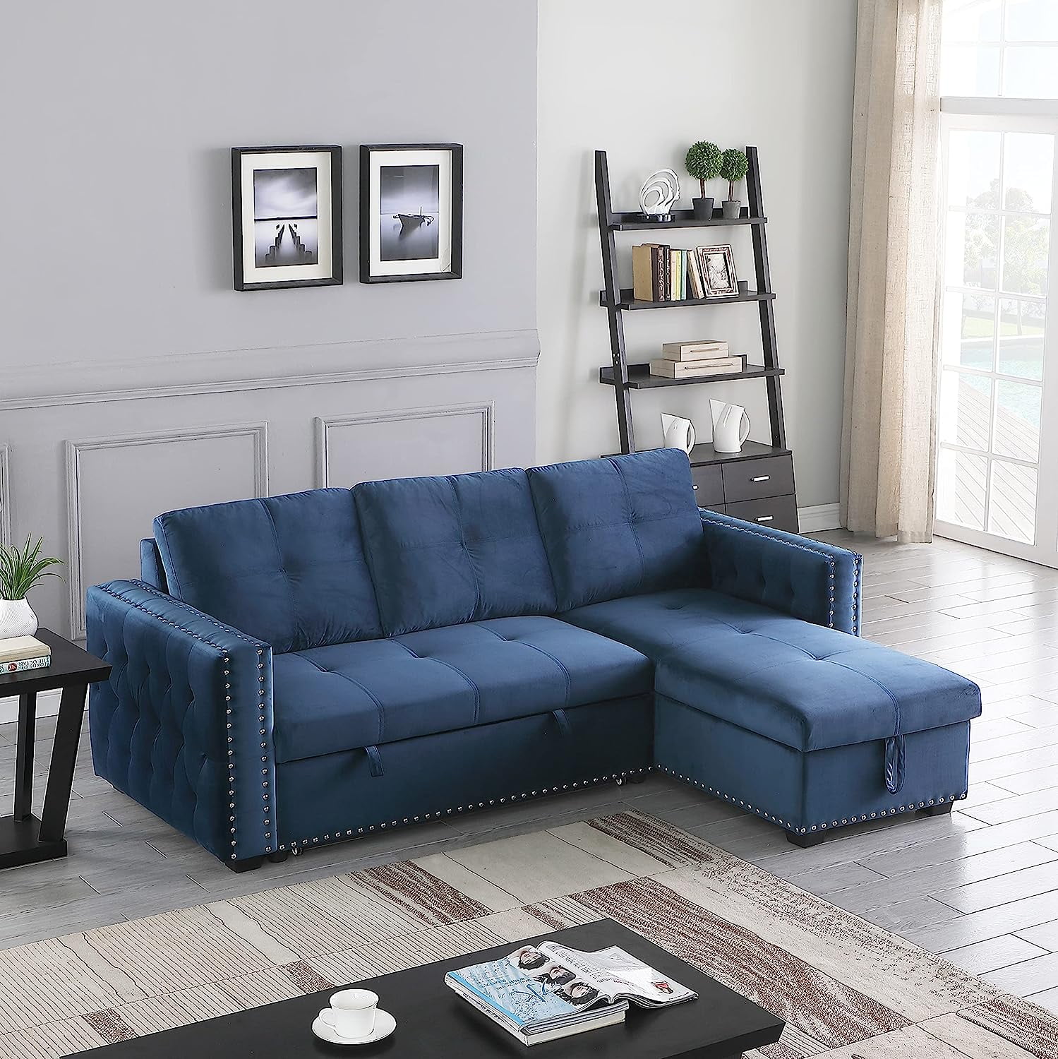 Morden Fort Velvet Reversible Sleeper Sectional Sofa LShape 3 Seat