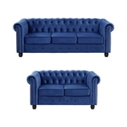 Morden Fort Velvet Sofa and Loveseat Set, 2 Pieces Chesterfield Couch Sofa Set for Living Room, Bedroom, Office, Blue