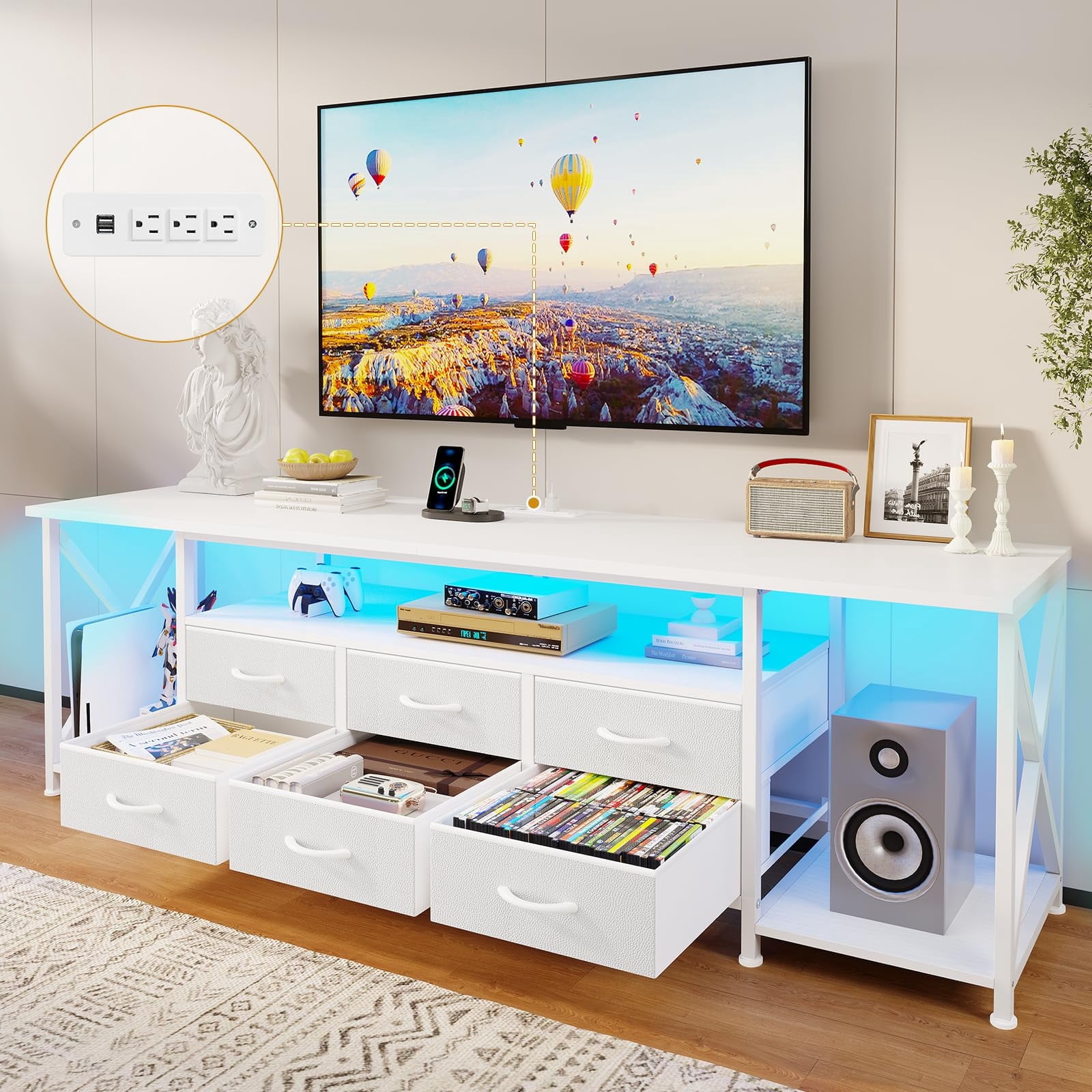 Morden TV Stand with LED Lights for TVs up to 80 Inches, 6 Drawers Entertainment Center with Open Storage Shelves & Power Outlets, 63" TV Media Console Table for Living Room Bedroom,White