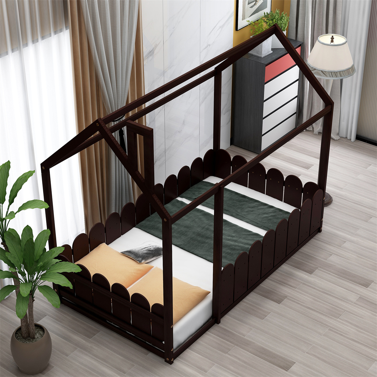 Morden Twin Size Wood Bed, House Bed with Fence for Kids and Toddlers