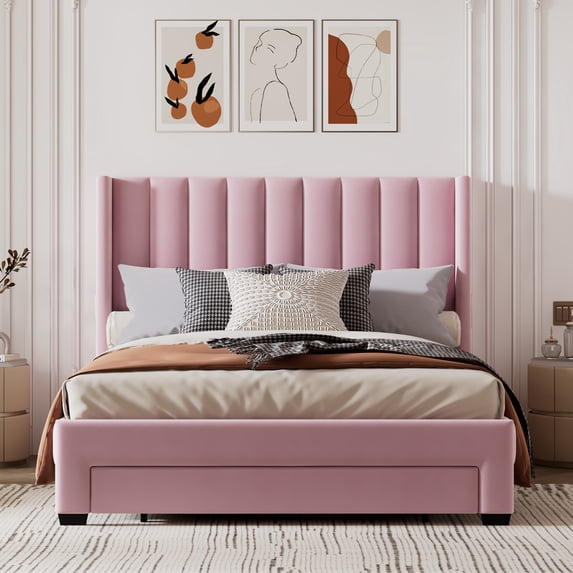 Morden Velvet Upholstered Bed Frame with Upholstered Headboard No Box Spring Needed Wood Low Profile Platform Bed with a Big Drawer, Easy Assembly (Pink,Queen)