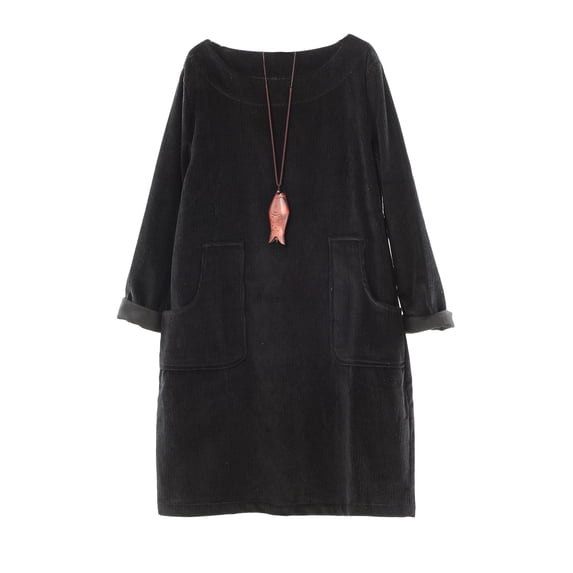 Mordenmiss Women Vintage Corduroy Solid Color Long Sleeve Loose Round Neck Casual Dress With Pockets Black M