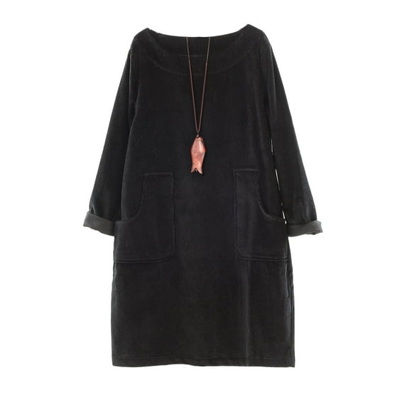 Mordenmiss Women Vintage Corduroy Solid Color Long Sleeve Loose Round Neck Casual Dress With Pockets Black XL