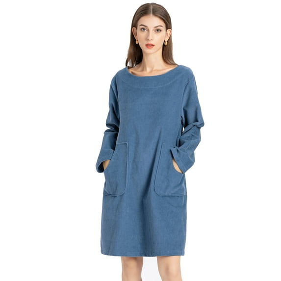 Mordenmiss Women Vintage Corduroy Solid Color Long Sleeve Loose Round Neck Casual Dress With Pockets Blue 2XL
