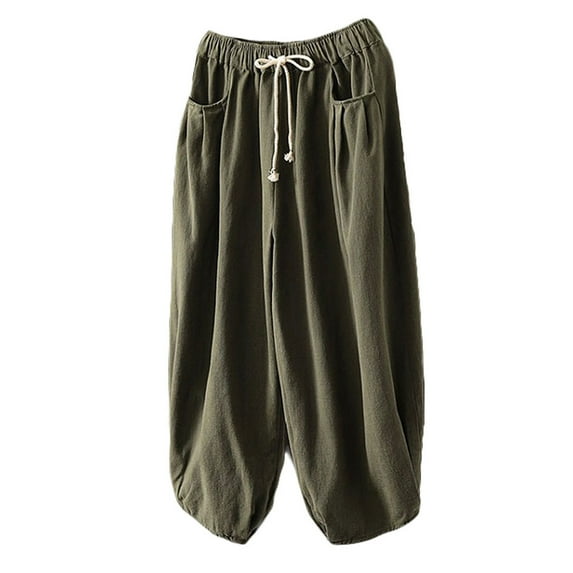 Mordenmiss Women's Baggy Drawstring Pants Wide Leg Pants Casual Elastic Waist Trousers Army Green L