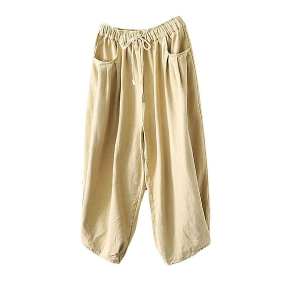 Mordenmiss Women's Baggy Drawstring Pants Wide Leg Pants Casual Elastic Waist Trousers Beige L