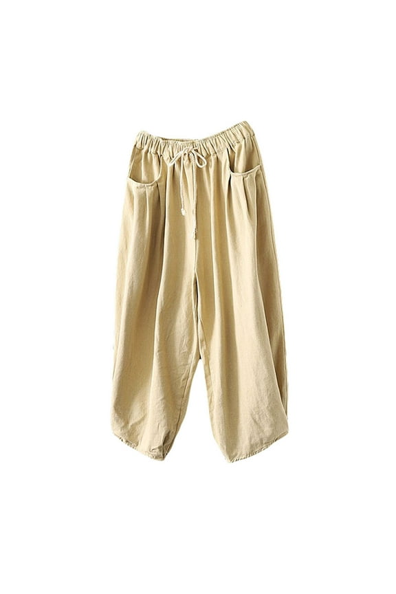 Women's Baggy Drawstring Pants Wide Leg Pants Casual Elastic Waist Trousers Beige XXL