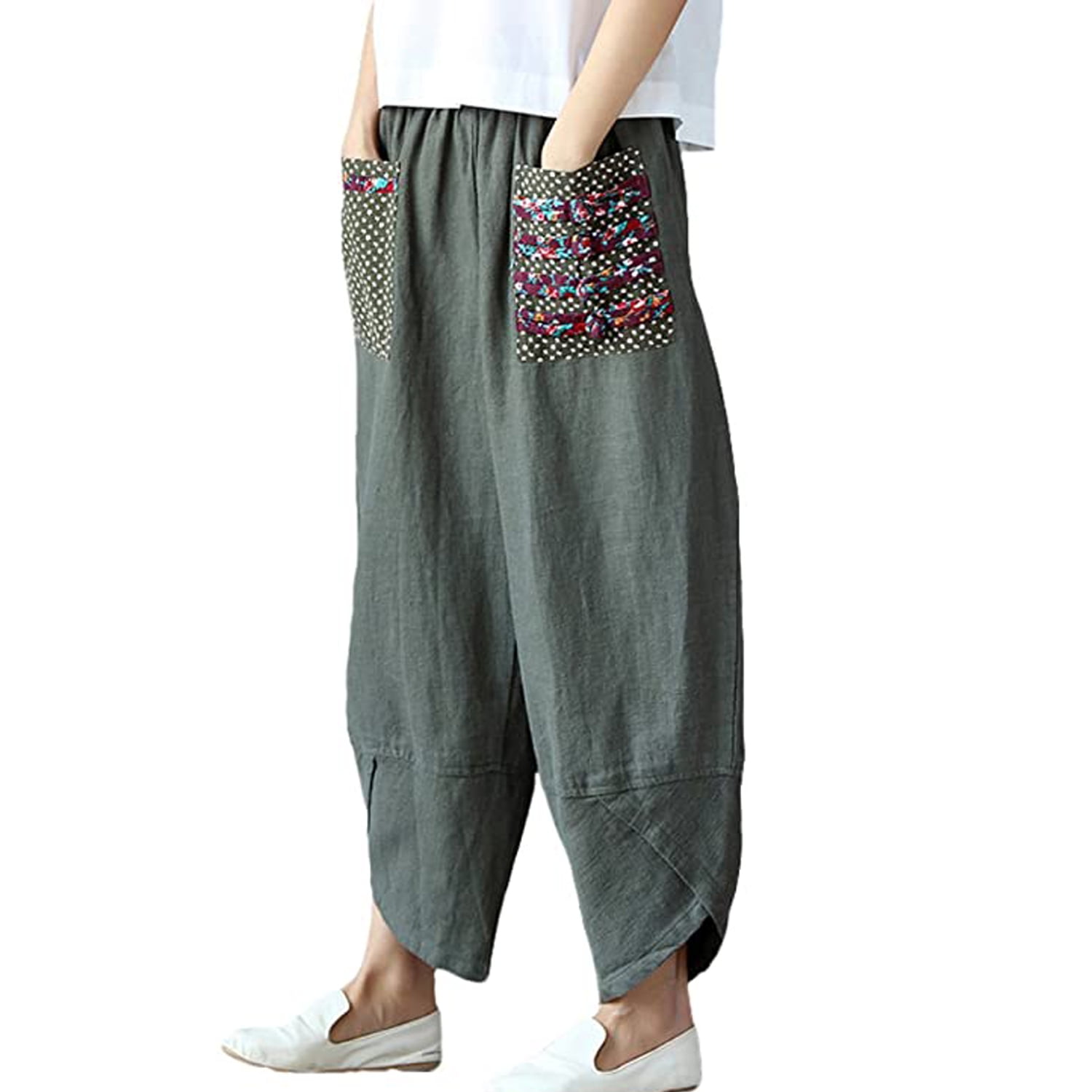 Mordenmiss Women's Baggy Linen Wide Leg Trousers Casual Patchwark ...