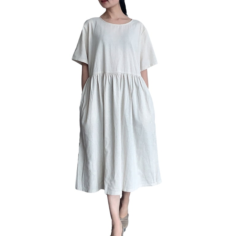 chinese dress ladies Mordenmiss Women's Cotton Linen Dresses Summer Short Sleeve T-Shirt Dress  with Pockets (2XL, Short Sleeve-Brown) at Amazon Women's Clothing store main image 1
