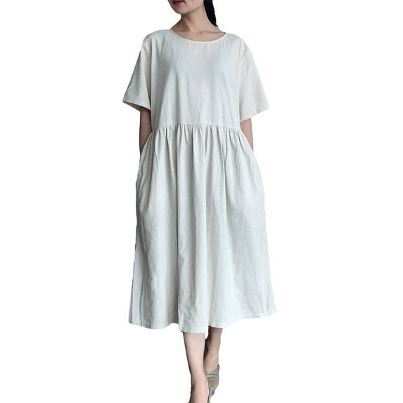 Mordenmiss Women's Cotton Linen Dress Summer Midi Dresses with Pockets