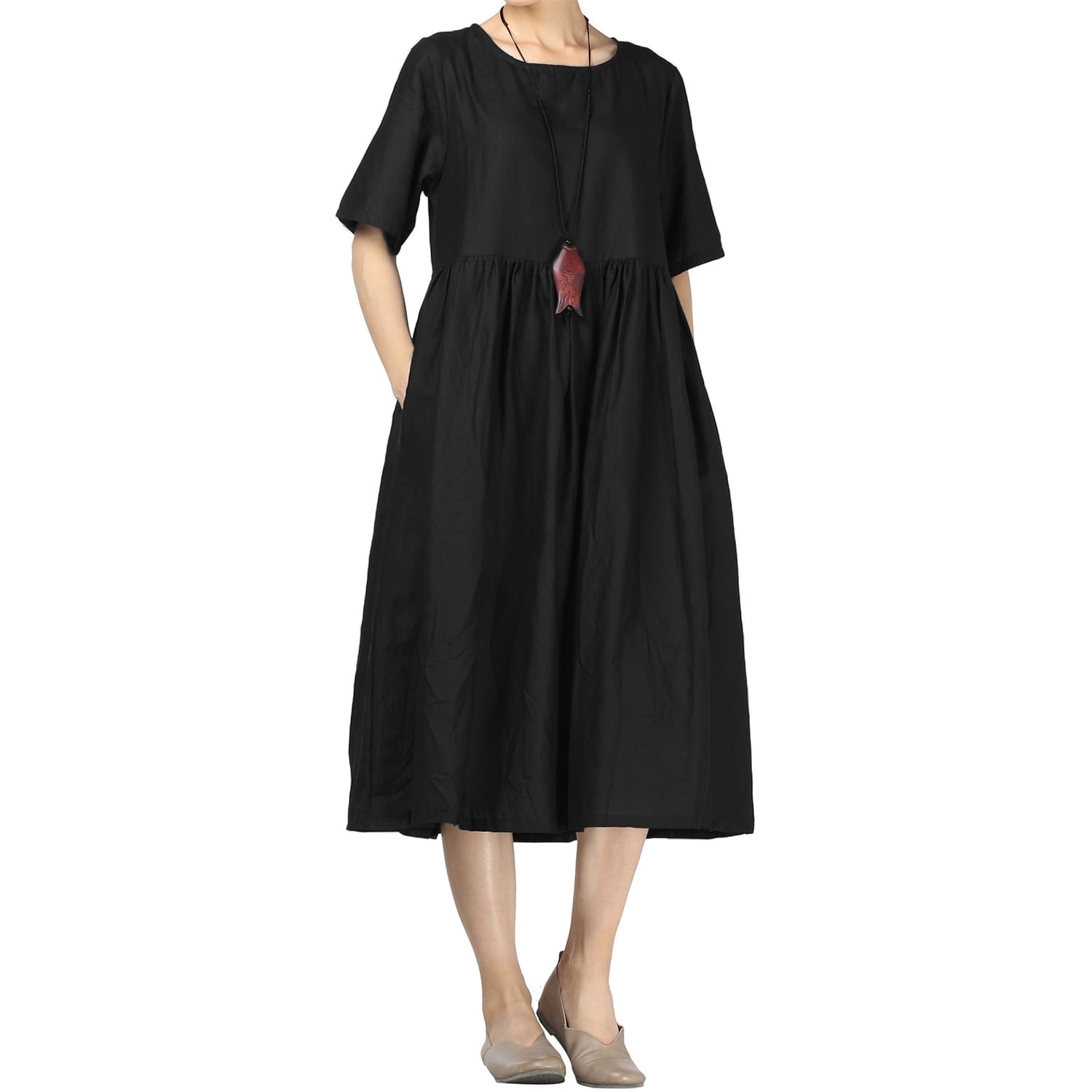 Mordenmiss Women's Cotton Linen Dress Summer Midi Dresses with Pockets -  Walmart.com