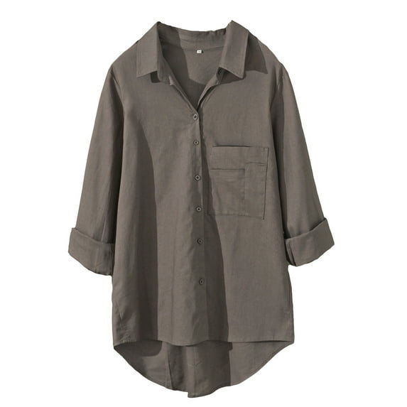 Mordenmiss Women's Cotton Linen Shirt Button Down Blouses Loose Long Sleeve Tops Gray XXL