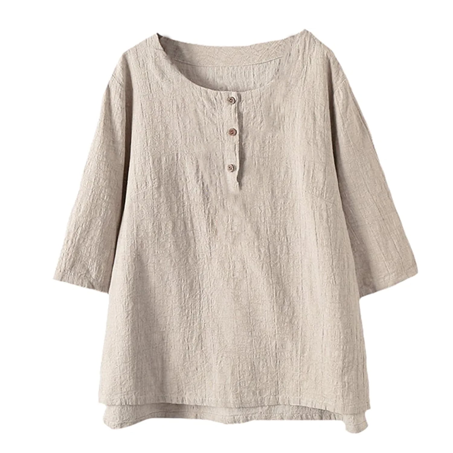 Mordenmiss Women's Cotton Linen Tunic Tops Jacquard Blouses TShirt