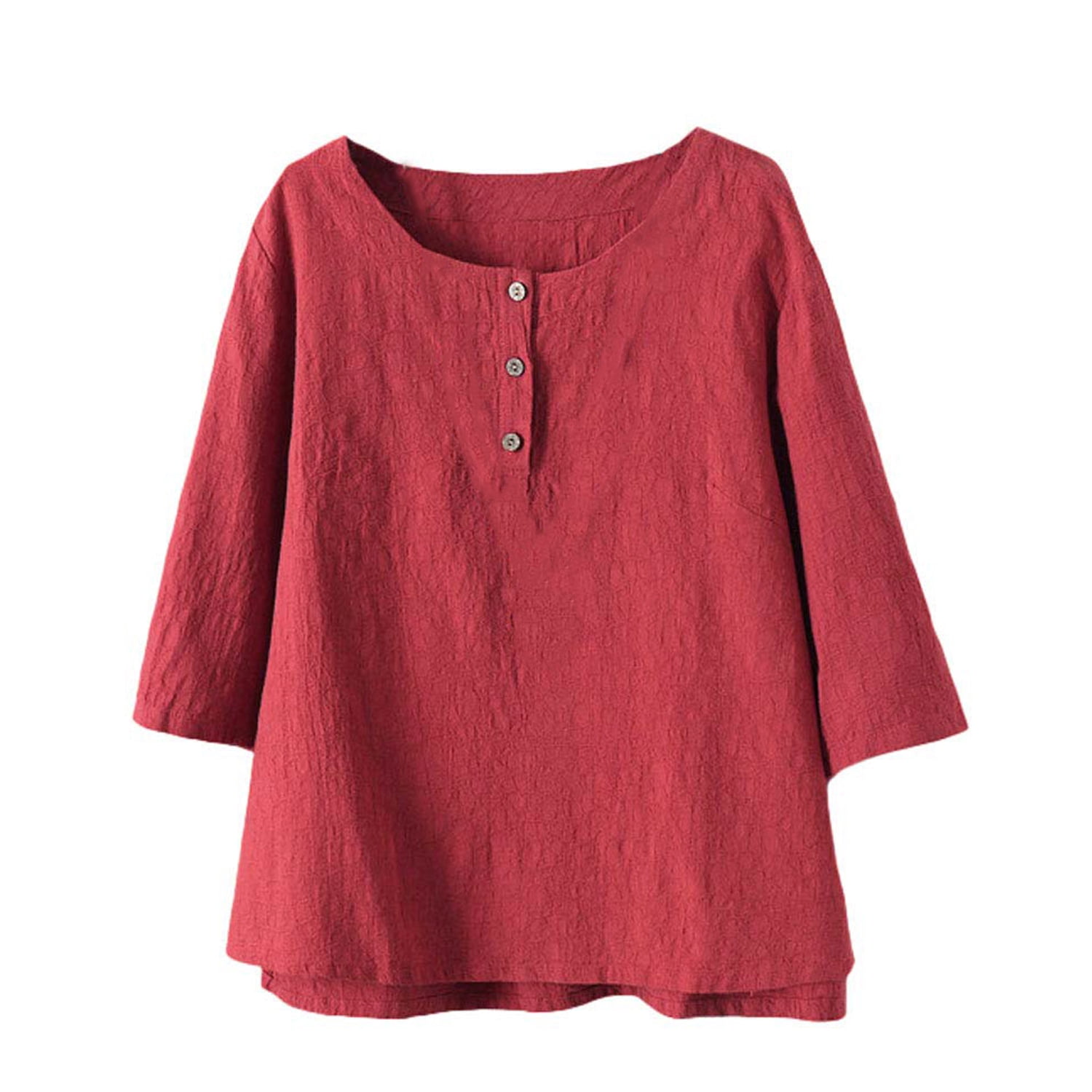 Mordenmiss Women's Cotton Linen Tunic Tops Jacquard Blouses TShirt Red
