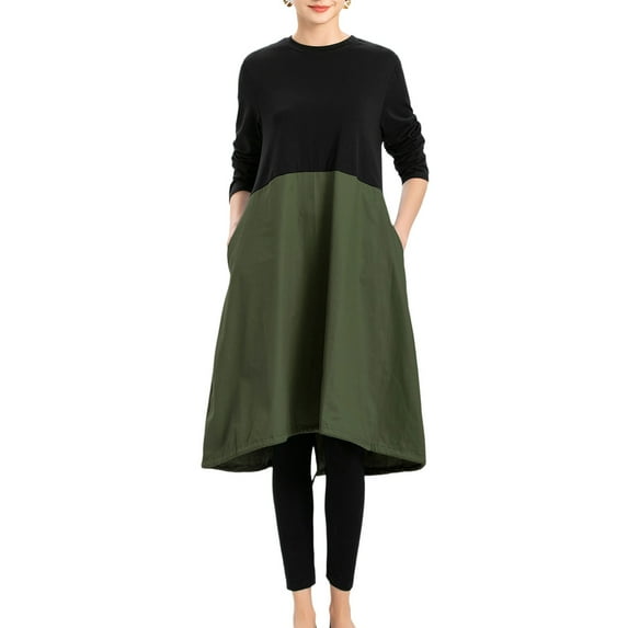 Mordenmiss Women's Long Sleeve Dress High Low Loose Cotton Tunic Dresses with Pockets Armygreen XXL
