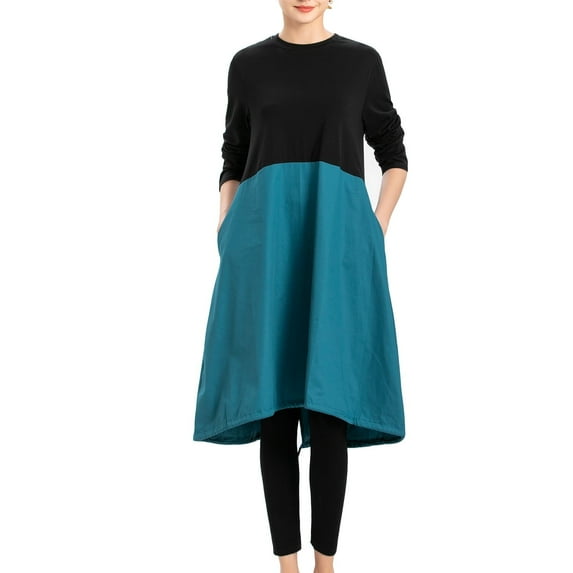 Mordenmiss Women's Long Sleeve Dress High Low Loose Cotton Tunic Dresses with Pockets Blue L