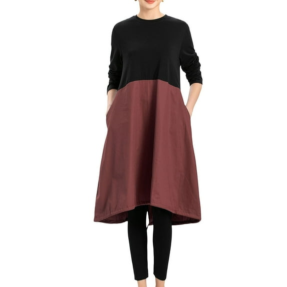 Mordenmiss Women's Long Sleeve Dress High Low Loose Cotton Tunic Dresses with Pockets Burgundy XL