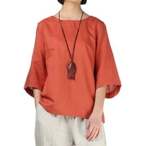 Mordenmiss Womens’s Cotton Linen Round Neck Tops Frog Button Details on Neckline Sleeve Blouses Loose Casual Summer Shirts Orange XXL