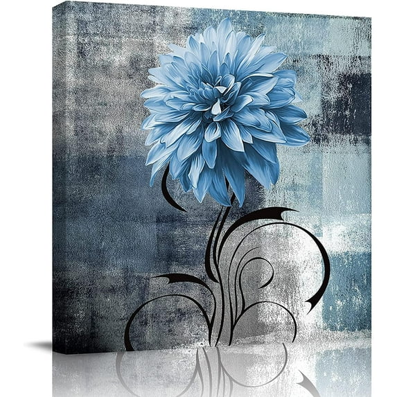 Mordern Abstract Wall Art - Canvas Wall Art Navy Blue Flower Framed Artwork, Watercolor Dahila Pictures Prints Wall Decor for Bathroom Kitchen, Bedroom Living Room, 14'''' x 14''''