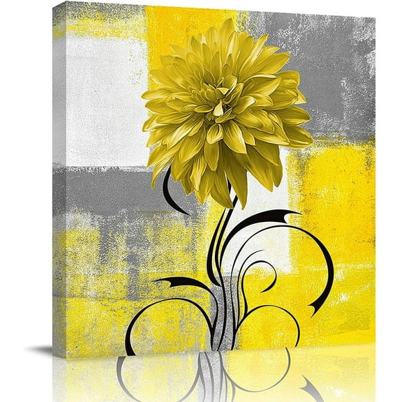 Mordern Abstract Wall Art - Canvas Wall Art Yellow Flower Framed Artwork, Watercolor Dahila Pictures Prints Wall Decor for Bathroom Kitchen, Bedroom Living Room, 14" x 14"