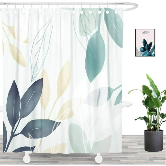 Mordern Art Blue Watercolor Leaves Fabric Shower Curtain, Blue and Green Plants Décor Bathroom Decoration Curtain. 72" x 72", Light Green Background