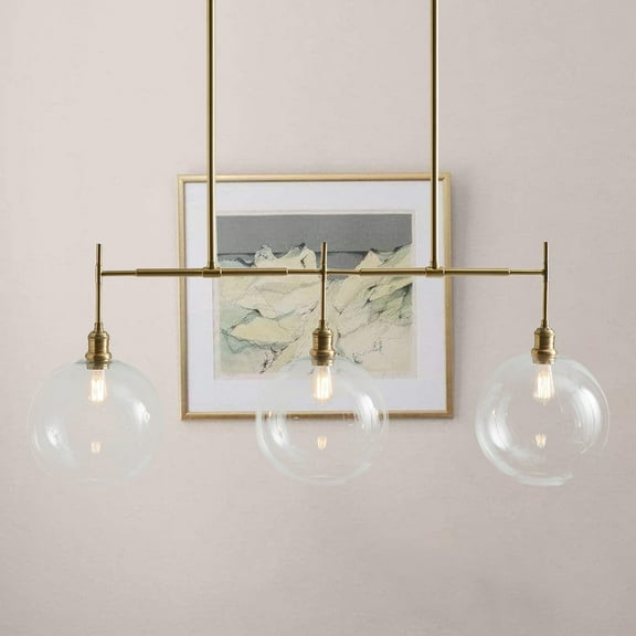Mordern Linear Antique Brass with Globe Glass Shade 43 Inch Chandelier, Hand-polished Ceiling Lamp with Iron, Unique Elegant Ceiling Mounted Light, Ceiling Light over Kitchen Island, for Living Room