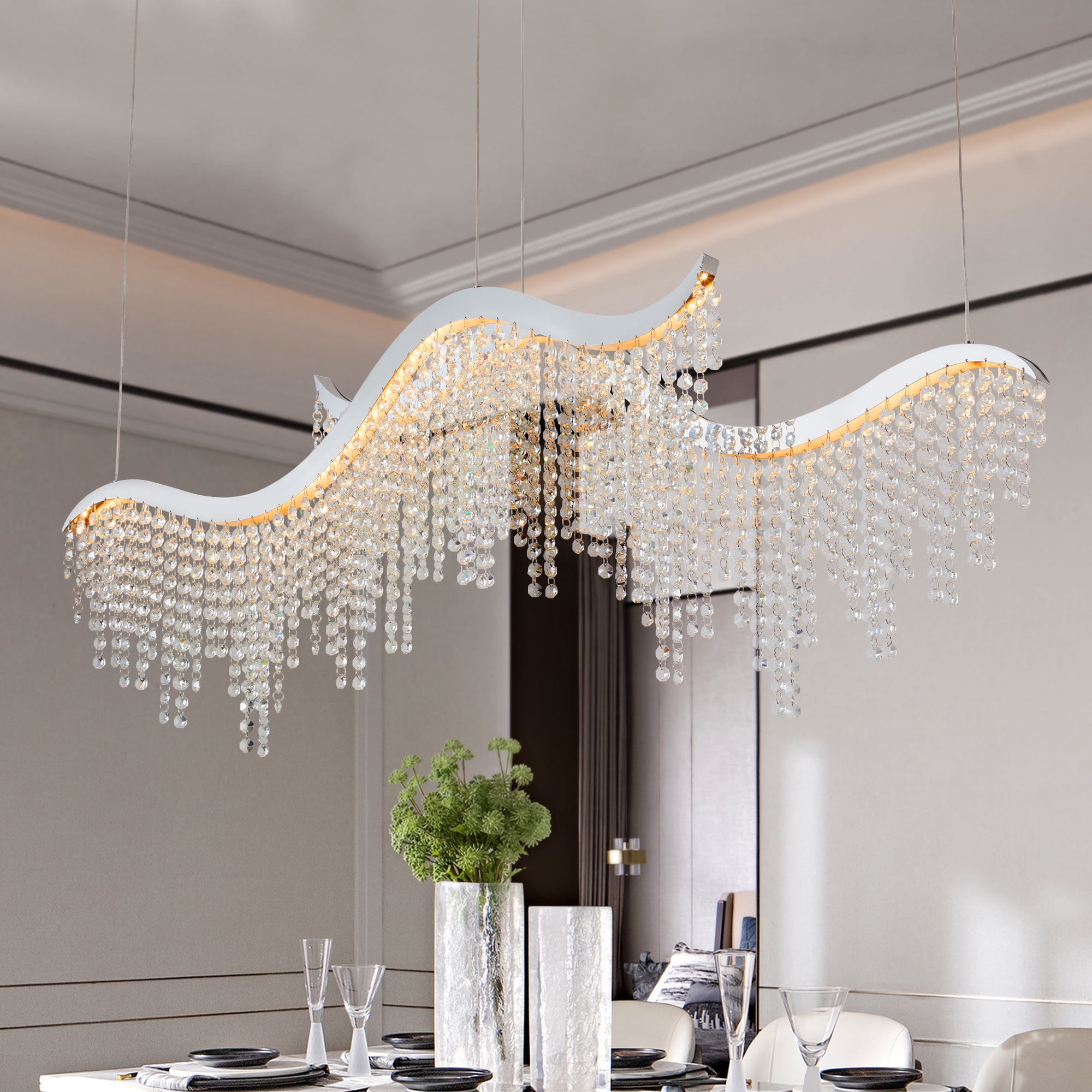 Mordern Luxury Waterfall 180-strand Crystal Chandeliers for Dining Room,Adjustable Color Temperature 3000K 4000K 6000K