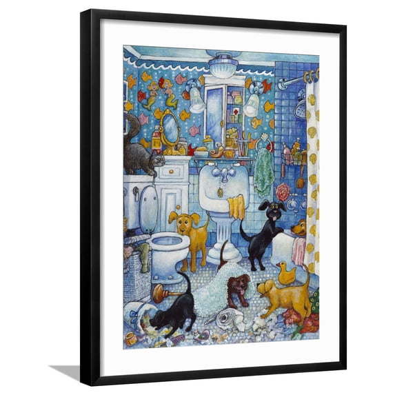 Art.com More Bathroom Pups Giclee Print by Bill Bell, Black Frame Wall Art, 23" x 29"