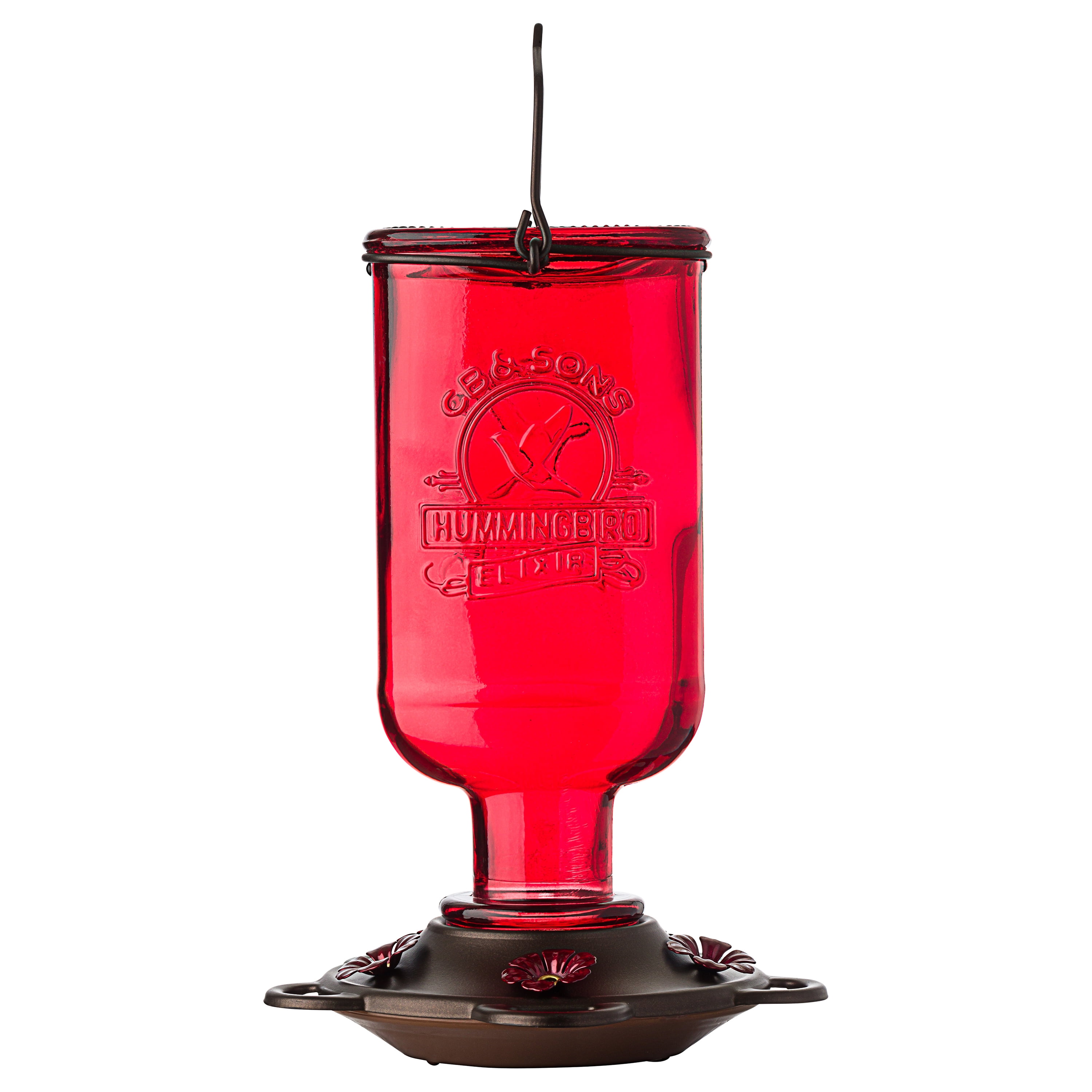 Vintage Red Glass and Metal Hummingbird Nectar Feeder, 13 oz