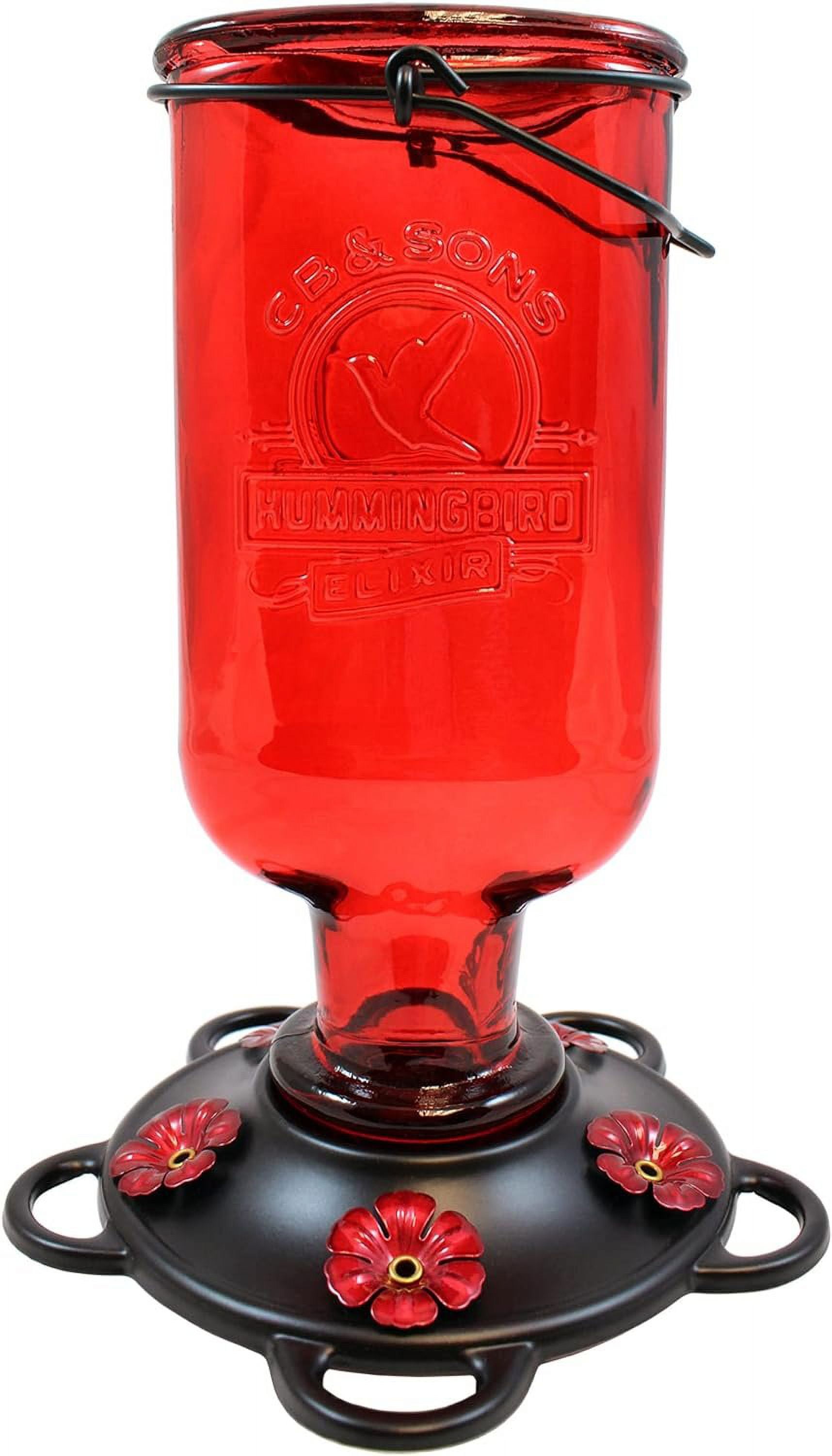 Vintage Red Glass and Metal Hummingbird Nectar Feeder, 13 oz