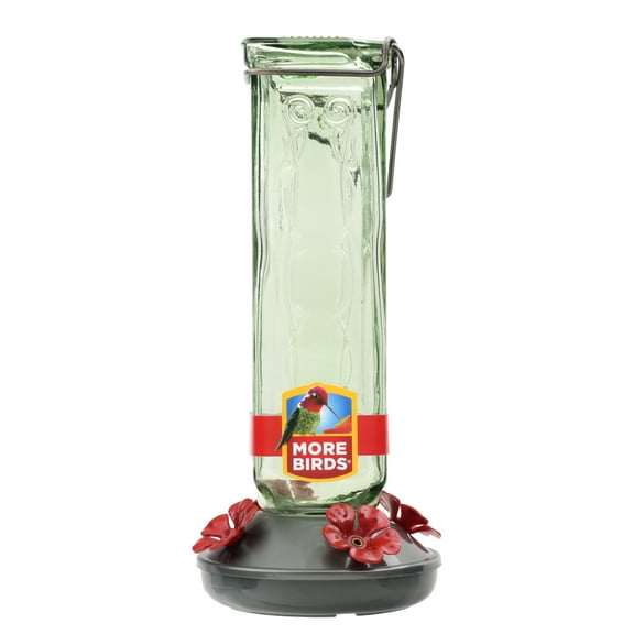More Birds Kristina Green Vintage Glass Bottle Hummingbird Feeder with 4 Ports, 19 fl oz Nectar Capacity