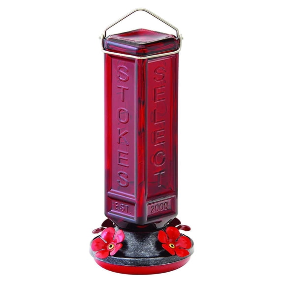 More Birds Hummingbird Feeder, Glass Hummingbird Feeders, Red, 4 Feeding Stations, 19-Ounce Nectar Capacity, Square Bottle
