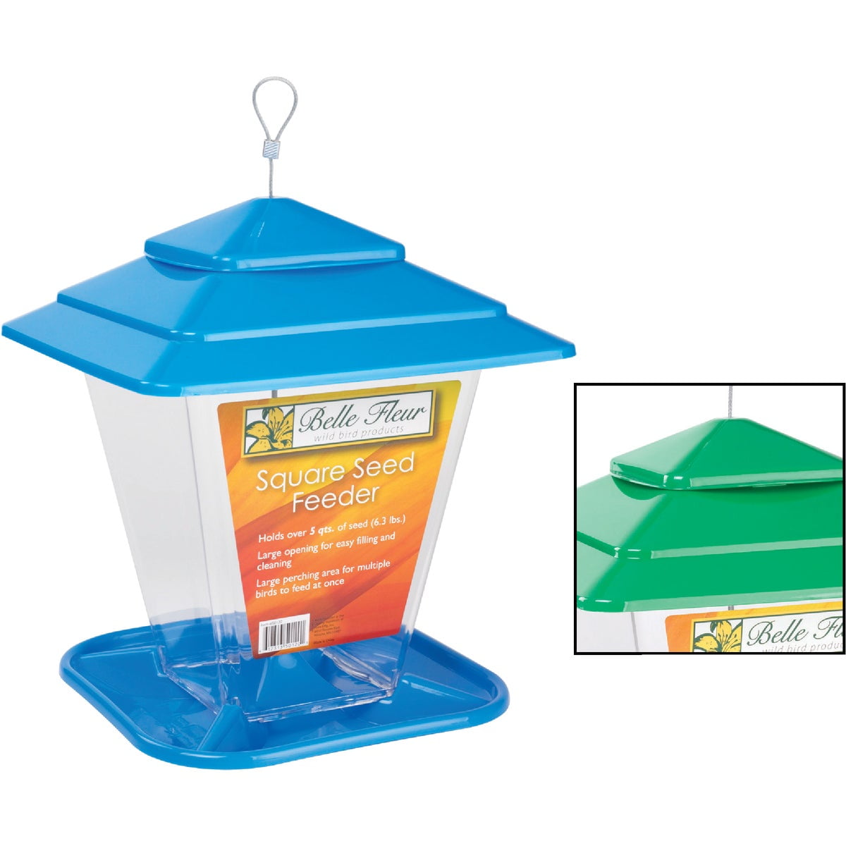 Blue and Green Plastic Hanging Square Hopper Bird Feeder