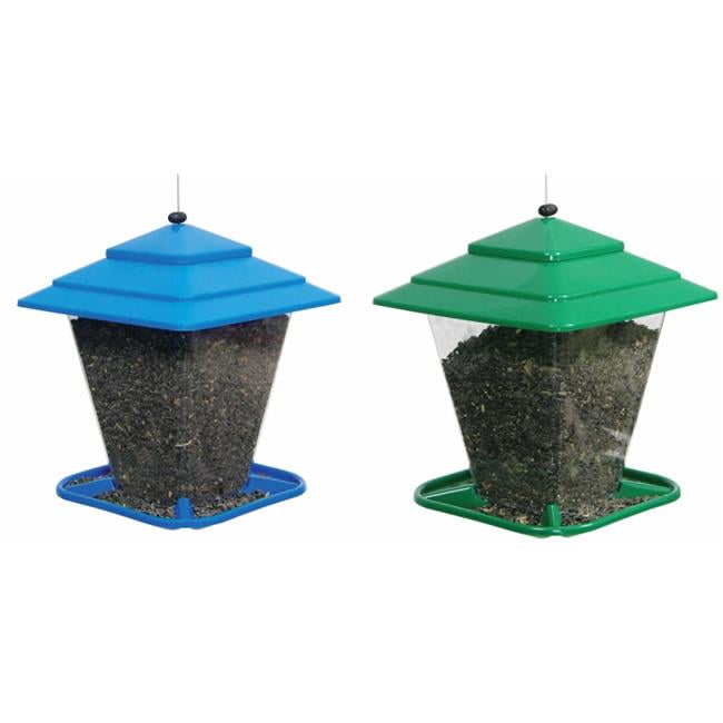 Blue and Green Plastic Hanging Square Hopper Bird Feeder