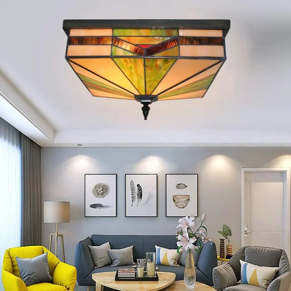 More Change 15.8" Stained Glass Chandeliers Flush Mount Hand-Made Ceiling Light Fixtures