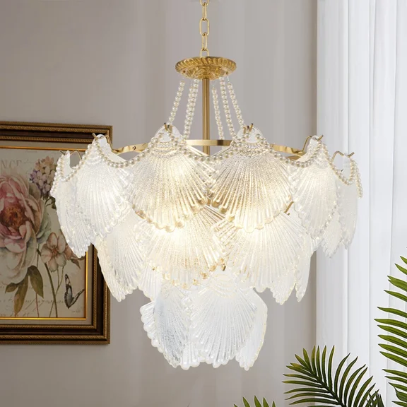More Change 24 inch Chandelier 8-Light Luxury Shell-Shaped Glass Pendant Lamp Ceiling Lights